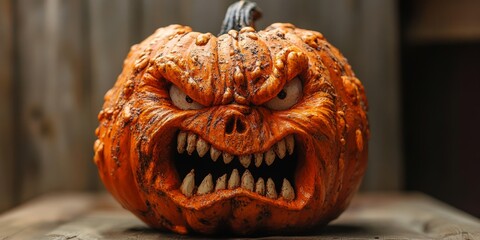Angry orange pumpkin for Halloween adds a spooky touch to festive decor. This angry orange pumpkin captures the essence of Halloween with its vibrant color and expressive face.