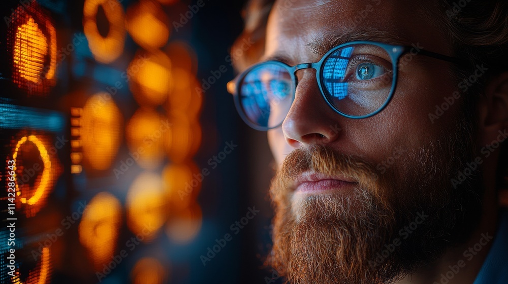 Poster software engineer analyzing code reflecting in glasses in a dark room