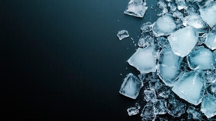 Smooth, glossy ice cubes are scattered across a textured dark surface, capturing the interplay of light and shadows in a serene and minimalist aesthetic style.
