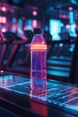 Dynamic hydration bottle fitness center product photography neon environment close-up shot health concept