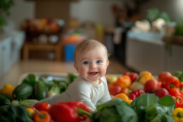 Fototapeta premium Joyful Baby Surrounded by Fresh Vegetables