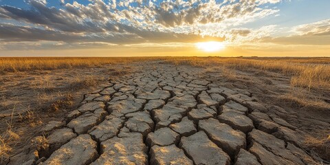 Dry and cracked land showcasing the effects of climate change, highlighting issues of drought and desertification affecting the dry land environment and its sustainability.
