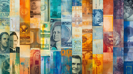 Global Currency Mosaic:  A vibrant collage of international banknotes, representing diverse nations and economies, creates a captivating abstract pattern with rich colors and intricate details.