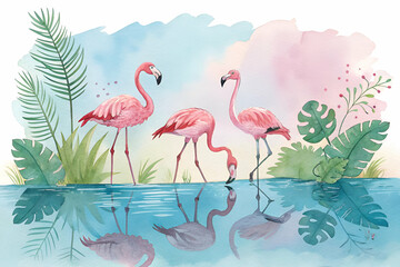 Fototapeta premium Three pink flamingos stand gracefully by a serene water body, surrounded by lush greenery and soft pastel colors in a tranquil, artistic scene.