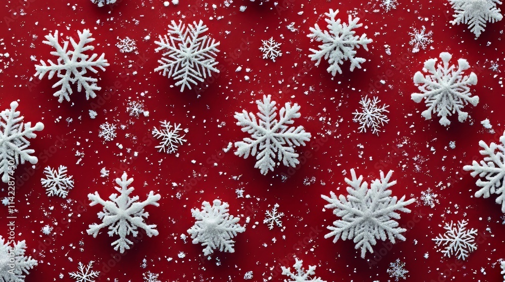 Poster white snowflakes falling on red background creating christmas pattern