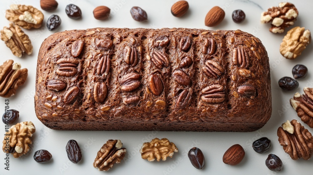 Poster deliciously moist nut bread with walnuts and pecans surrounded by assorted nuts on a bright backgrou