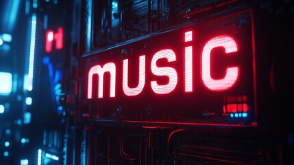 Music text on a dark ambient background, illuminated by red and blue cyberpunk sci-fi lighting