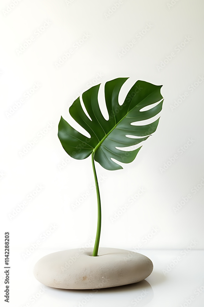 Poster sandstone top minimalist display features a single monstera leaf against a clean and simple white ba