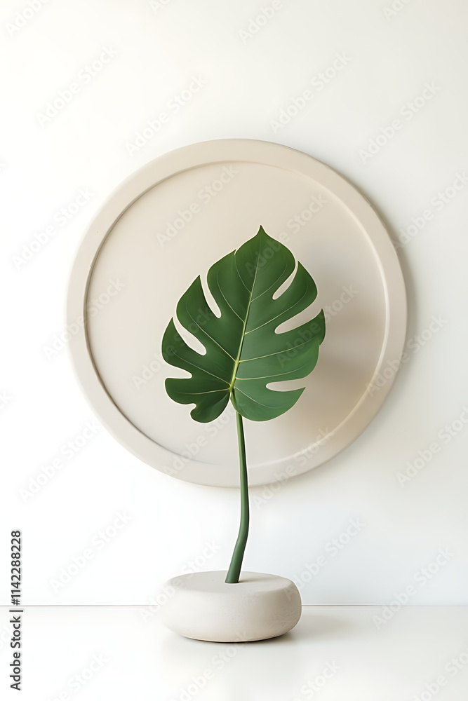 Poster Sandstone top minimalist display features a single monstera leaf against a clean and simple white background wall design element._00002_