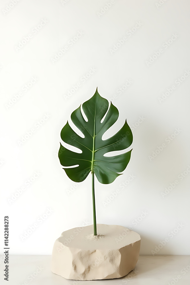 Aufkleber sandstone top minimalist display features a single monstera leaf against a clean and simple white ba