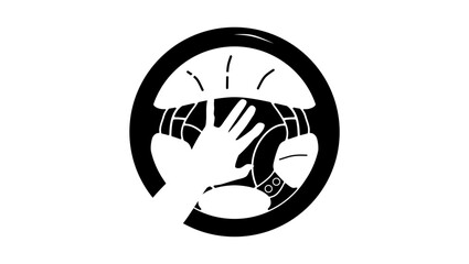 Car horn, hand honking on steering wheel, black isolated silhouette