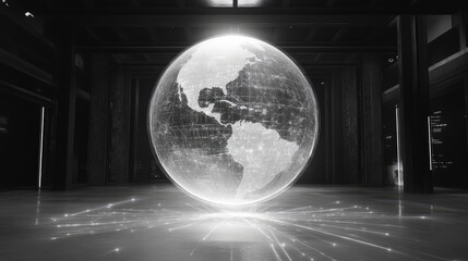 A levitating translucent globe surrounded by pulsating digital connections, front view, illustrating the seamlessness of modern networks, sci-fi tone, black and white