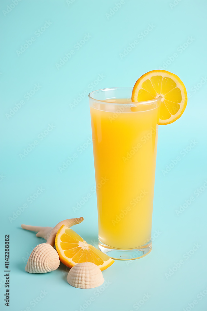 Poster refreshing summer concept features orange juice and a set of seashells arranged on a calming blue ba