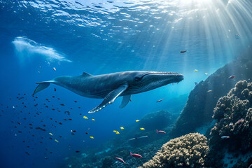 Fototapeta premium A majestic whale swims gracefully through clear blue waters, surrounded by vibrant coral reefs and colorful fish, illuminated by sun rays.