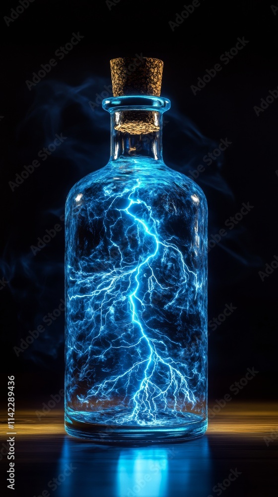 Poster lightning trapped in a glass bottle with cork creating blue glowing effect on dark background