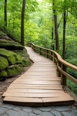 Obraz premium Winding wooden path through lush green forest inviting exploration and tranquility during daytime. Generative AI
