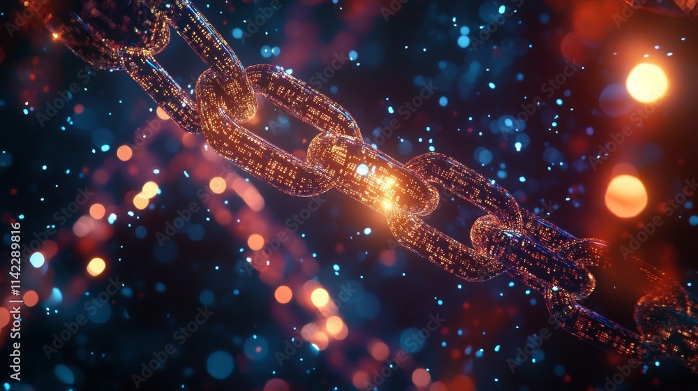 Poster glowing digital blockchain connecting together on dark background