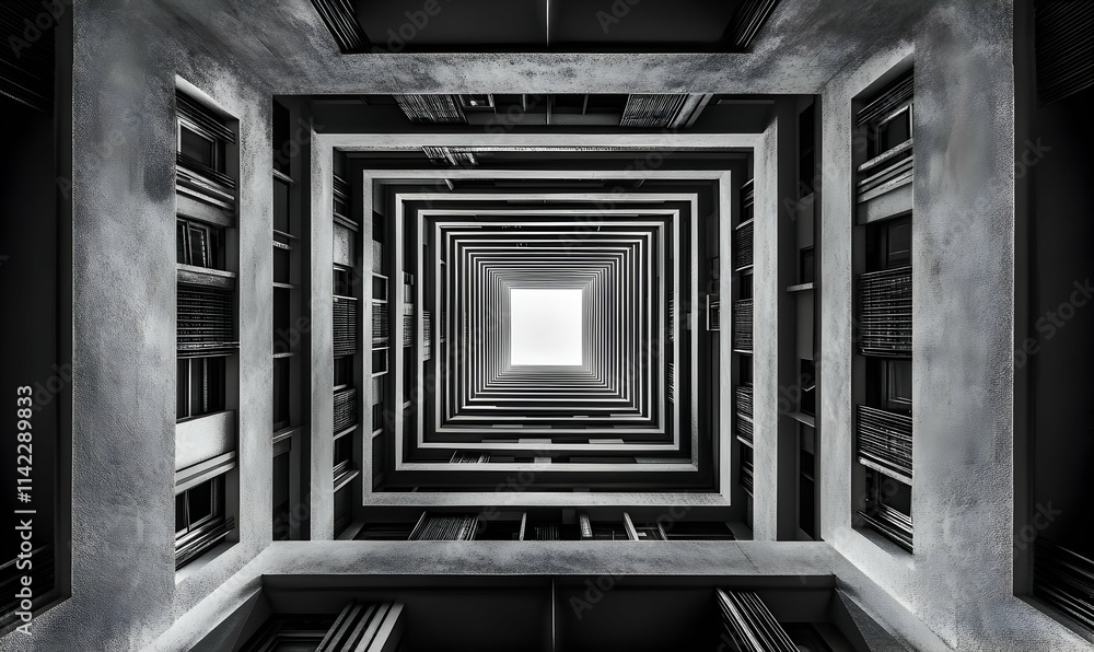 Poster monochrome perspective of a building's interior, showcasing a mesmerizing architectural design with 