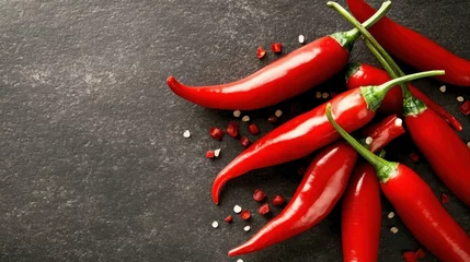 Fresh red chili peppers are laid out on a dark background, highlighting their fiery vibrancy. This image underlines their spicy allure and culinary versatility.
