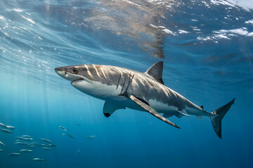 Fototapeta premium A majestic shark swimming gracefully through clear blue waters, showcasing its sleek body and powerful fins.
