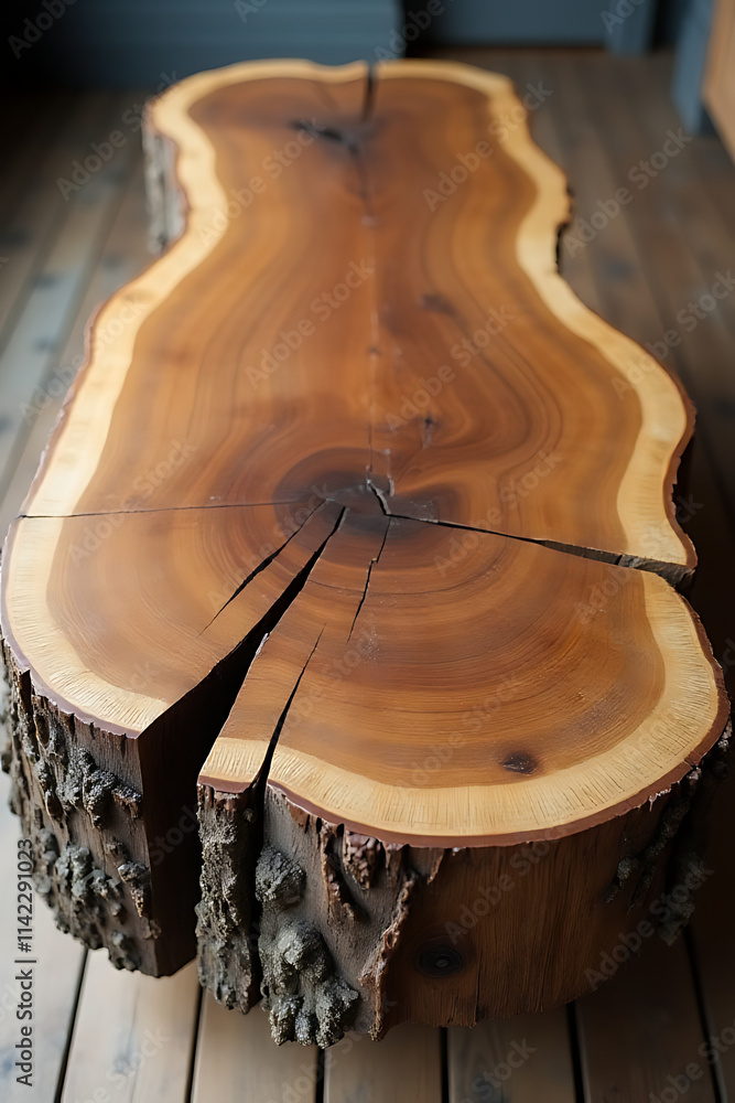 Aufkleber old tree trunk transformed into a unique rustic tabletop with its natural beauty still intact and vi