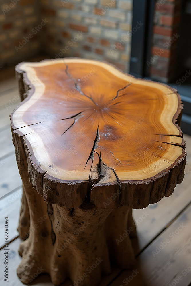 Aufkleber old tree trunk transformed into a unique rustic tabletop with its natural beauty still intact and vi