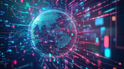Obraz premium A stylized glowing globe surrounded by rotating binary streams and connection nodes, side view, showing the interplay of global data exchange, cybernetic tone, colored pastel