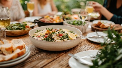 Community Focused. Outdoor dining with a vibrant salad and drinks on a wooden table.