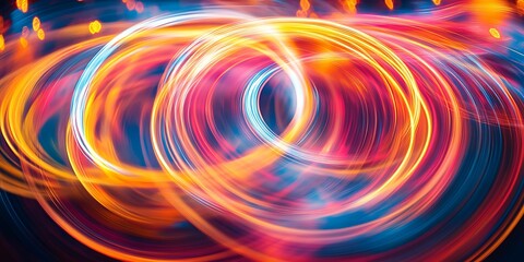 Obraz premium Abstract swirling light trails in vibrant orange, blue, and pink hues.