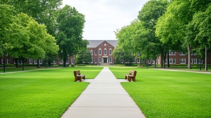 Serene Campus Pathway Surrounded by Lush Green Trees and Benches in Bright Daylight