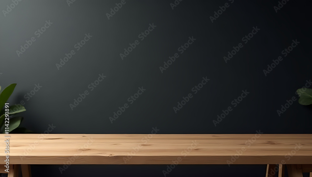 Poster Minimalist wooden table with empty space on a dark wall background ideal for product display and creative visuals._00002_