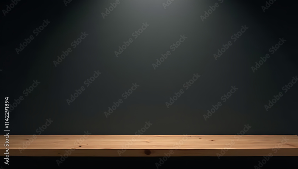 Poster Minimalist wooden table with empty space on a dark wall background ideal for product display and creative visuals._00003_