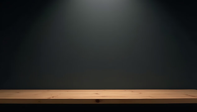 Minimalist wooden table with empty space on a dark wall background ideal for product display and creative visuals._00003_