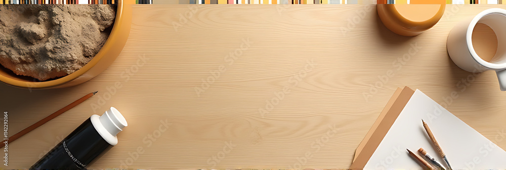 Poster Minimalist wood table top serves as a versatile background for product display and visual layouts in design montages._00001_