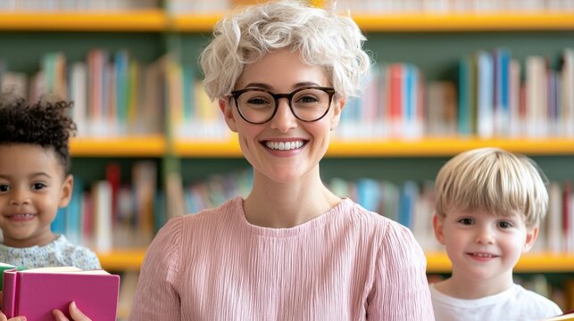 Community Focused. Smiling woman with glasses and children in a colorful library setting.