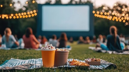 Community Focused. Outdoor movie setup with snacks and drinks on a blanket.