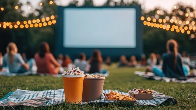 Community Focused. Outdoor movie setup with snacks and drinks on a blanket.