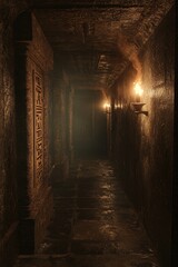 Fototapeta premium Dark stone corridor, ancient carvings, flickering lights.