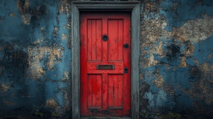 A weathered red door against a textured blue wall.