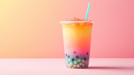 An artistic shot of a bubble tea cup with a colorful ombre effect, featuring layers of fruit-flavored tea and tapioca pearls, set against a pastel background for a playful vibe.