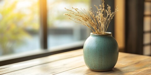 Small green ceramic vase featuring dry grass on a wooden table, a perfect decorative idea for enhancing the ambiance in a coffee shop or restaurant garden setting. Selective focus on the vase.