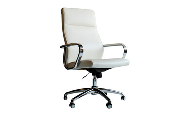 Empty office chair white leather luxurious senior executives for meeting room isolated on cut out PNG or transparent background. Decoration place in living room. Modern interior decoration.