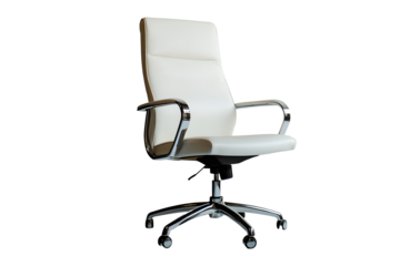 Empty office chair white leather luxurious senior executives for meeting room isolated on cut out PNG or transparent background. Decoration place in living room. Modern interior decoration.