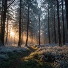 Fototapeta premium A tranquil New Year's Day morning walk in a forest, with frost on the trees and the first light of dawn filtering through.