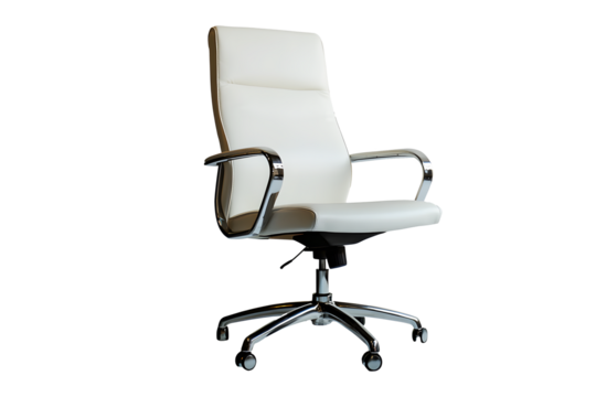 Empty office chair white leather luxurious senior executives for meeting room isolated on cut out PNG or transparent background. Decoration place in living room. Modern interior decoration.