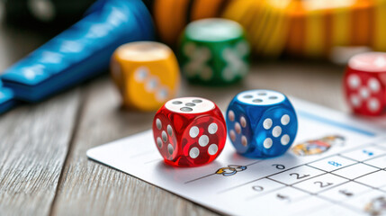 Colorful dice and score sheet for fun math game setup on wooden table