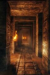 Ancient stone corridor, carvings, dimly lit, torches.