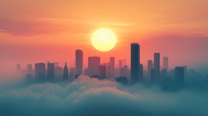 Obraz premium An image of a city skyline enveloped in thick smog and haze, with a bright sun above, highlighting the pollution crisis exacerbated by global warming and urban development.