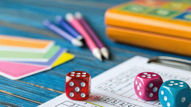Colorful math game setup with dice, cards, and score sheet for fun learning