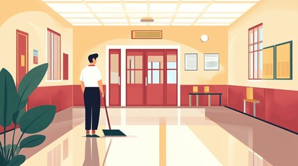 Flat vector style of a janitor sweeping the floors of a school hallway.